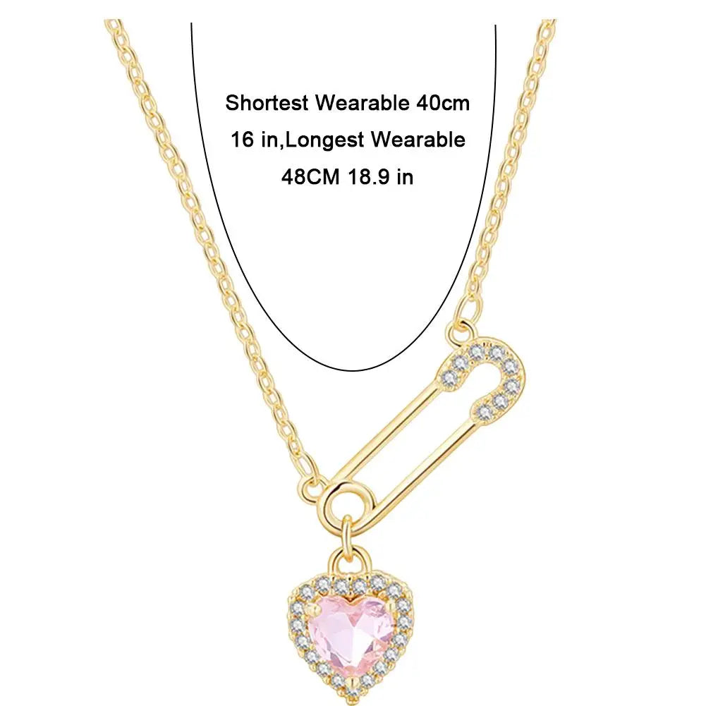 safety pin necklace with heart charm crystal hearts
