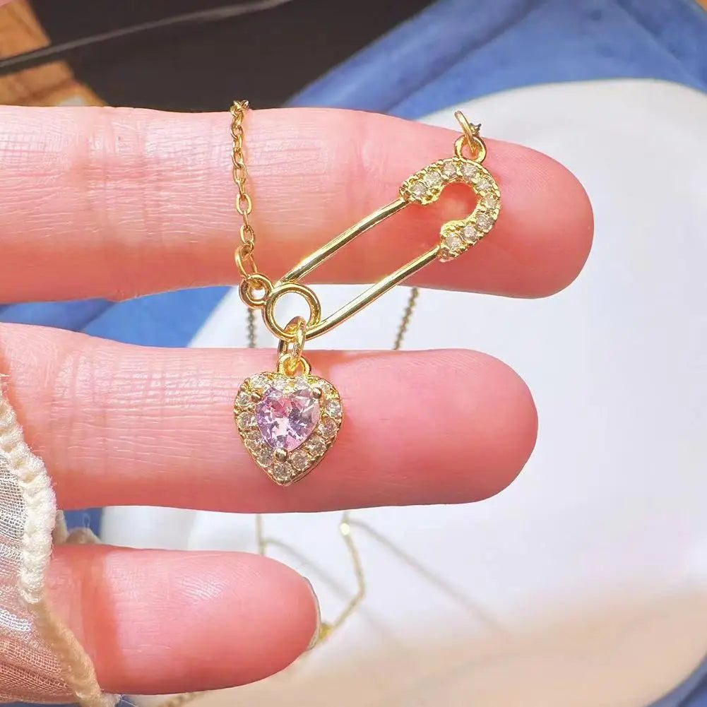 safety pin necklace with heart charm crystal hearts
