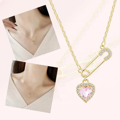 Safety Pin Necklace With Heart Charm Crystal Hearts
