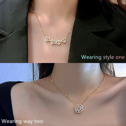 Magnetic Love:  Heart & Clover Necklace Stainless Steel