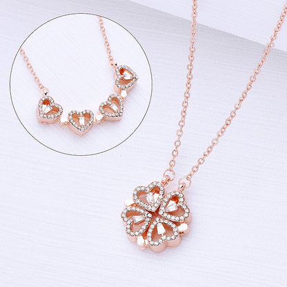 Magnetic Love:  Heart & Clover Necklace Stainless Steel