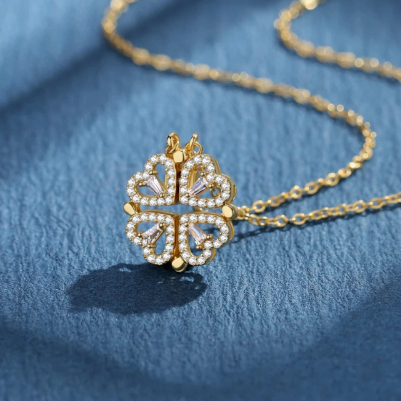 magnetic love:  heart & clover necklace stainless steel