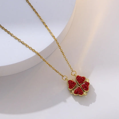 Magnetic Love:  Heart & Clover Necklace Stainless Steel