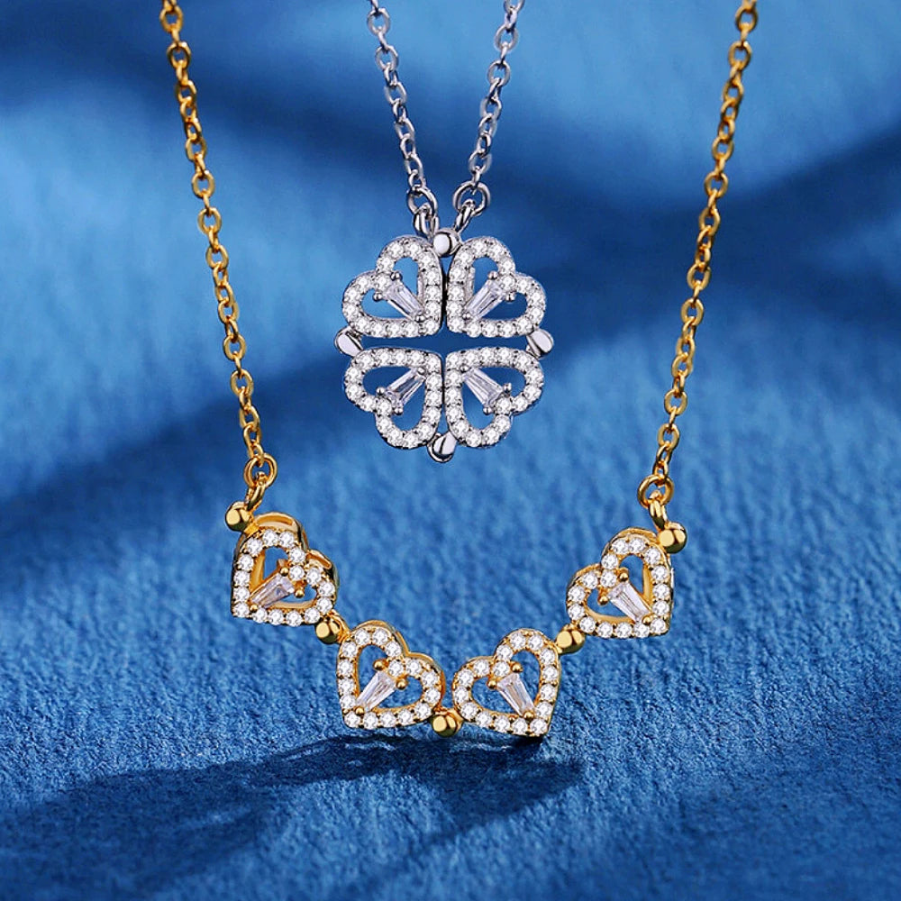 magnetic love:  heart & clover necklace stainless steel