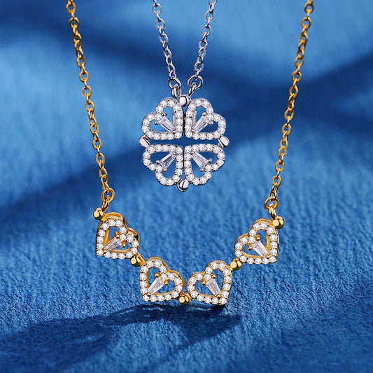 Magnetic Love:  Heart & Clover Necklace Stainless Steel