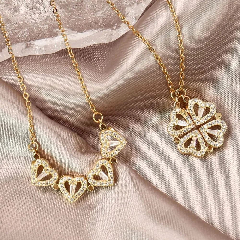 magnetic love:  heart & clover necklace stainless steel
