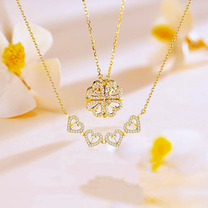 Magnetic Love:  Heart & Clover Necklace Stainless Steel